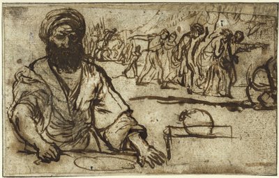 Seated Bearded Man, with Procession of People and Riders in the Background by Adam Elsheimer