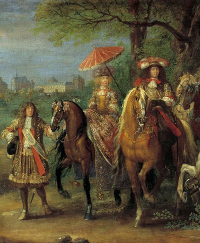 King Louis XIV and Queen Marie-Therese of Austria walking in front of the castle of Vincennes in 1669. (detail) Painting by Adam Frans Van der Meulen by Adam Frans van der Meulen