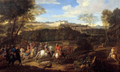 King Louis XIV (1638-1715) and the Court hunting in sight of the castle of Meudon by Adam Frans van der Meulen