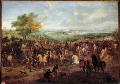 Walk by carriage of King Louis XIV, Queen Marie Therese of Austria, Dauphin Louis and Dauphine in front of the castle of Clagny in Versailles by Adam Frans van der Meulen