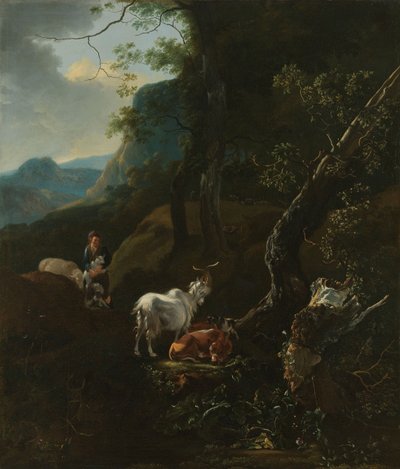 A Shepherdess with Animals in a Mountainous Landscape by Adam Pynacker