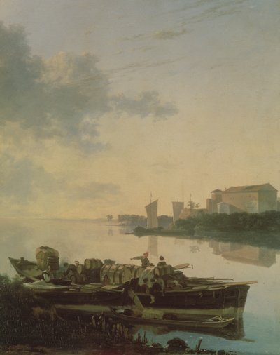 A Wooden Barge on the River by Sunset by Adam Pynacker