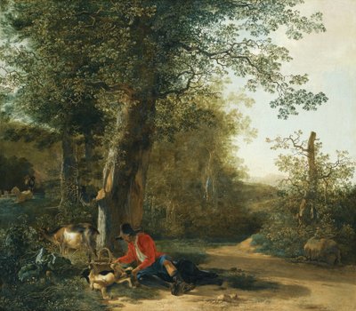 Peasant Playing with His Dog While Resting at the Edge of a Wood by Adam Pynacker