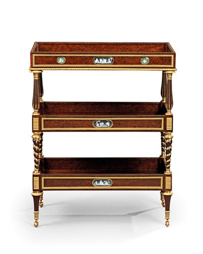 Late Louis XVI ormolu and cameo-mounted burr yew wood and mahogany table travailleuse by Adam Weisweiler