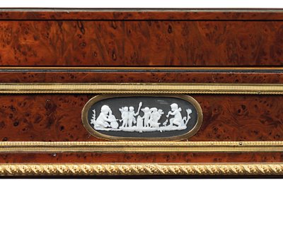 Late Louis XVI ormolu and cameo-mounted burr yew wood and mahogany table travailleuse by Adam Weisweiler