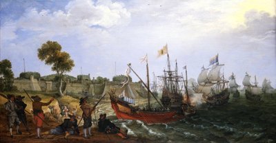 A Dutch war squadron attacking a Spanish colonial fortress, defended by boats by Adam Willaerts