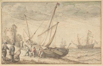 Fisherfolk Hauling their Boat onto the Shore by Adam Willaerts