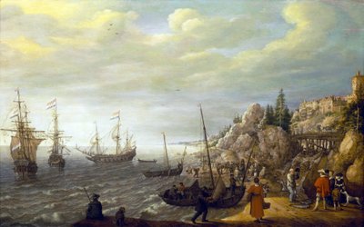 Three Dutch Ships Anchored in a Bay in Front of a Scandinavian Fortified City by Adam Willaerts
