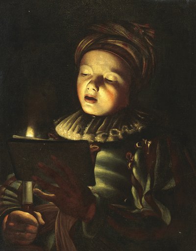 A boy singing by candlelight by Adam de (circle of) Coster