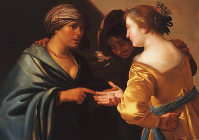 A Gypsy Fortune Teller with a Young Couple by Adam de Coster