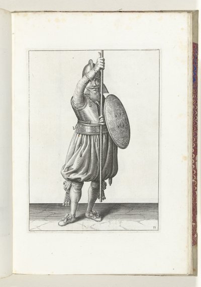 Exercise with shield and pike: the soldier returns the pike to the rest position in three movements, second movement (no. 11), 1618 by Adam van Breen