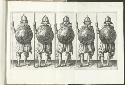 Exercise with Shield and Spear: Five Soldiers Standing in Line with Spear in Right Hand Resting on the Ground and Shield in Front of Chest, 1618 (De Nassausche Wapen-Handelinge) by Adam van Breen