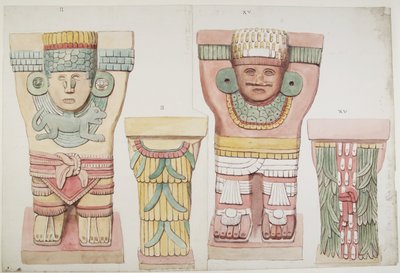 Caryatids II and XV from outer chamber, Upper Temple of the Jaguars, Chichen Itza, Mexico by Adela Breton