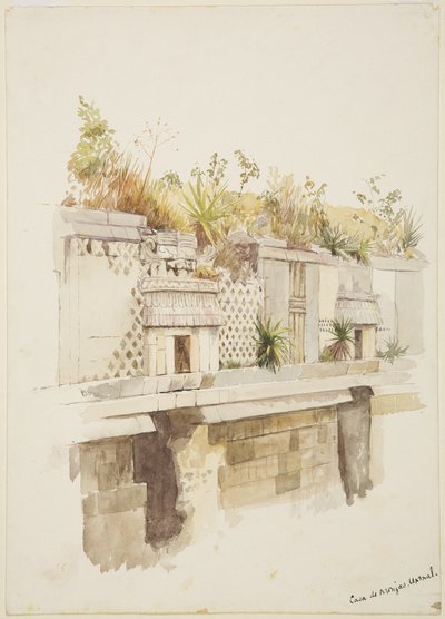 Casa de Monjas, Uxmal, Mexico Painting of the upper floor of the ruins by Adela Breton