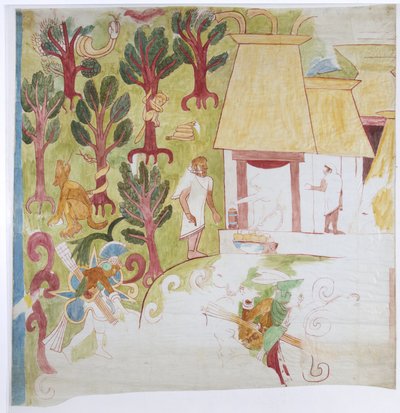 Copy of part of a wall painting from the south end panel, east wall, inner chamber, Upper Temple of the Jaguars, Great Ball Court, Chichen Itza by Adela Breton