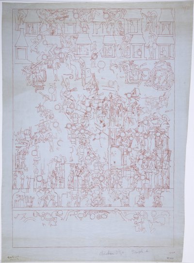 Drawing of the South Wall, Upper Temple of the Jaguars, Chichen Itza, Mexico by Adela Breton