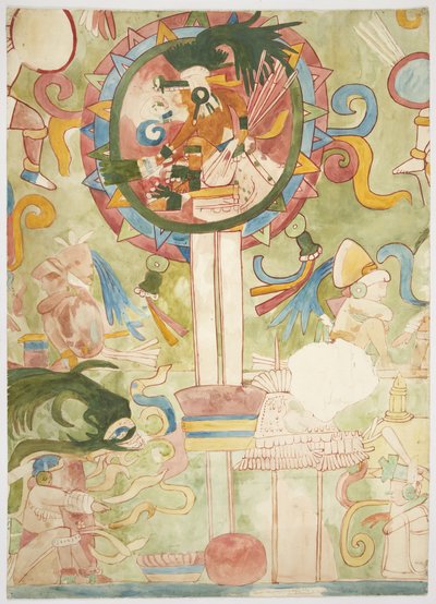 Painting depicting part of the southern panel of the west wall, Upper Temple of the Jaguars, Chichen Itza, Mexico by Adela Breton