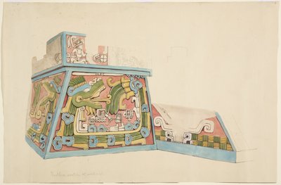 Painting of a stone relief from Xochicalco, Mexico North end of west side of lower terrace by Adela Breton