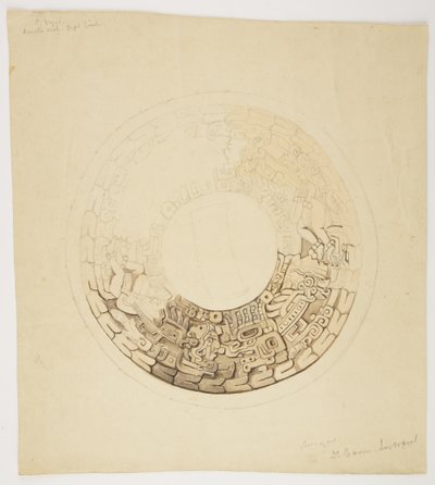 Pot Cover from Belize (formerly British Honduras) Circular Design, Part of Which is Missing, Shows a Design Including Figures of Men, Glyphs etc by Adela Breton