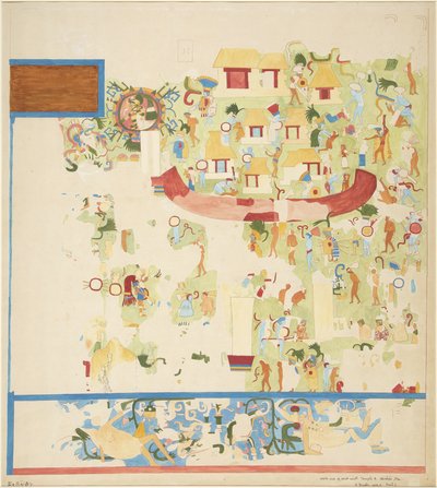 Quarter-scale copy of wall painting from north end of west wall, Upper Temple of the Jaguars, Chichen Itza, Mexico by Adela Breton