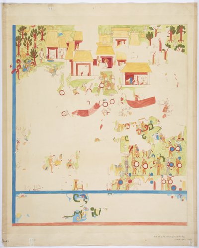 Quarter scale copy of a painting from the south end panel, east wall, inner chamber, Upper Temple of the Jaguars, Great Ball Court, Chichen Itza, Mexico by Adela Breton