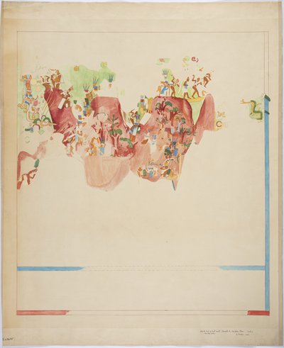 Quarter scale copy of a wall painting from the north end of the east wall, inner chamber, Upper Temple of the Jaguars, Great Ball Court, Chichen Itza, Mexico by Adela Breton