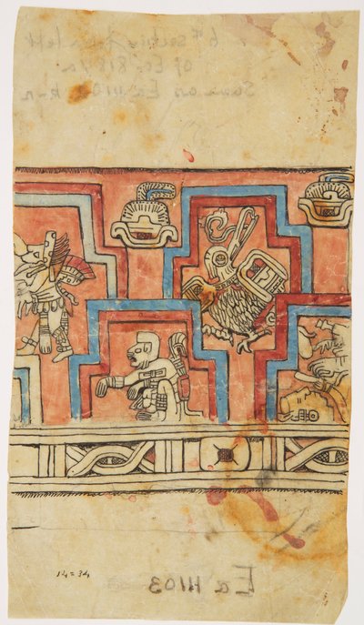 Stucco frieze at Acanceh, Mexico Black ink tracing and watercolour by Adela Breton