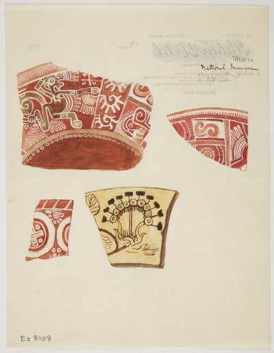 Three fragments of red pottery with designs including a running dragon-like figure in white, and one fragment of buff pottery with design in brown by Adela Breton