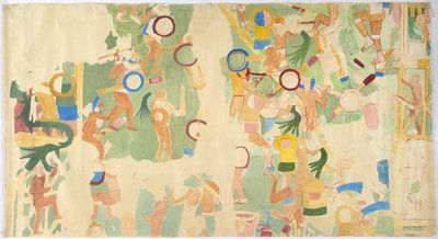 Tracing of a wall painting from south wall, inner chamber, Upper Temple of the Jaguars, Great Ball Court at Chichen Itza, Mexico by Adela Breton