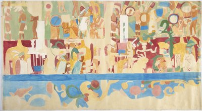 Tracing of a wall painting from south wall, inner chamber, Upper Temple of the Jaguars, Great Ball Court at Chichen Itza, Mexico by Adela Breton