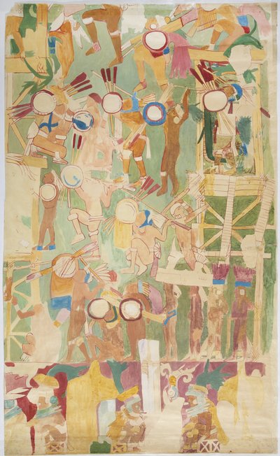 Tracing of a wall painting from south wall, inner chamber, Upper Temple of the Jaguars, Great Ball Court at Chichen Itza, Mexico by Adela Breton