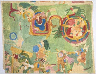 Tracing of a wall painting from the inner chamber, Upper Temple of the Jaguars, south wall, Great Ball Court, Chichen Itza, Mexico by Adela Breton