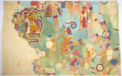 Tracing of a wall painting from the inner chamber, Upper Temple of the Jaguars, south wall, Great Ball Court, Chichen Itza, Mexico by Adela Breton