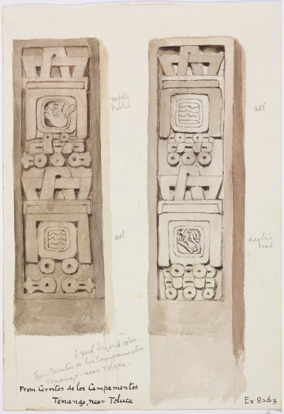 Two columns with stone reliefs, Cerritos de los Campamentos, Tenago, near Toluca, Mexico by Adela Breton