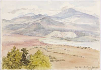 View from the Cerro del Calvario, Patzcuaxo on one side of the paper and on the other is a view of the ancient fortress and stone mounds, Iguatcho from Cerro del Calvario, Patzcuaro, Michoacan, Mexico by Adela Breton