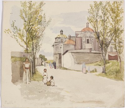 View of a village street with women and children - Puebla (?), Mexico by Adela Breton