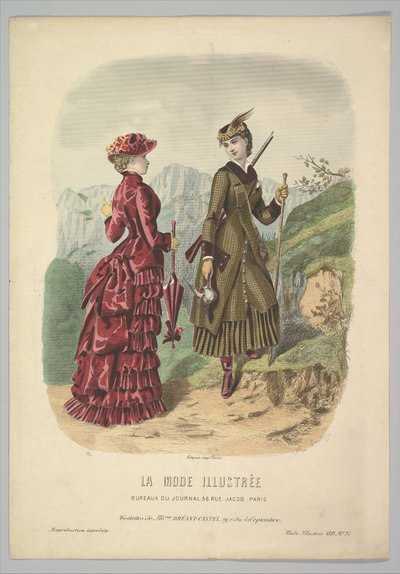A Lady in a Hunting Costume with a Lady in Walking Costume on a Mountain Path from La Mode..., 1881 by Adèle Anaïs Colin