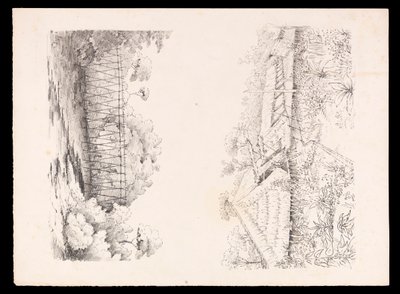 Village of the Stang tribe, Sarawak, Borneo; and a bridge of poles over a river from West Indies, North American and Borneo scrapbook, c.1845 by Admiral Sir Edward Gennys Fanshawe