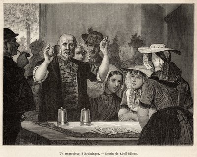 A retractor, in an inn in Kruiningen, makes his number in front of attentive spectators, engraved after the drawing by Adolf Dillens, illustrating a journey to Zelande (Neerlande), in 1873, by Charles de Coster, published in 