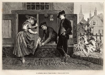 A shoemaker in a Zelandan village, makes a young woman try a shoe accompanied by a young man, engraving after the drawing by Adolf Dillens, illustrating a journey to Zelande (Netherlands) by Adolf Alexander Dillens
