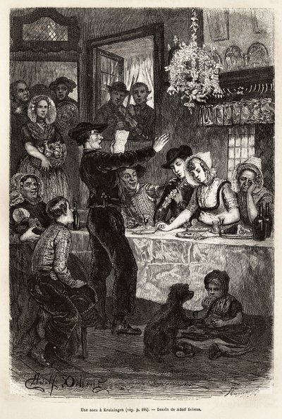 A wedding in Kruiningen, after the celebration of the wedding by the mayor, the feast brings together the cortege and the young wives in a cabaret, where the local poet received a compliment to the young spouses with the sound of the violin and a flute by Adolf Alexander Dillens