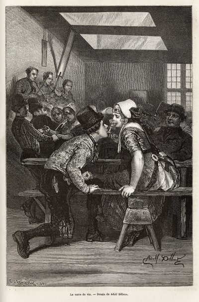 On fair days, the peasants offer to drink sweet liqueurs to young girls, the same glass serves everyone, and passes from mouth to mouth, often filled, and allows the young pretendant to make his court, at the rhythm of the orchestra and dances (engraving) by Adolf Alexander Dillens