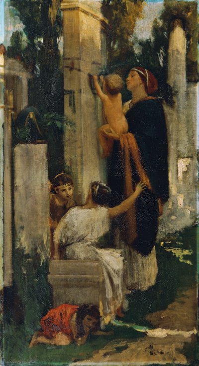 Ancient Cemetery Scene (Woman with Children Decorating a Grave) by Adolf Hiremy Hirschl