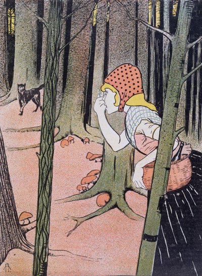 Little Red Riding Hood sees the Wolf in the Forest, illustration from Jugend published in Muenchen 1896 by Adolf Hofer