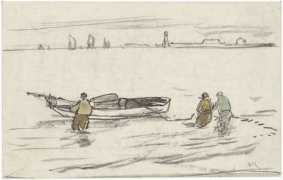 Three Men Standing in Water Pulling a Sailboat to Shore by Adolf le Comte