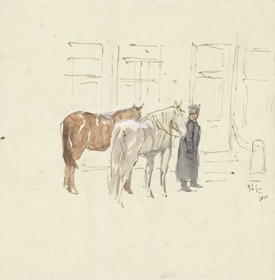 Man with Two Horses in Front of a Building by Adolf le Comte