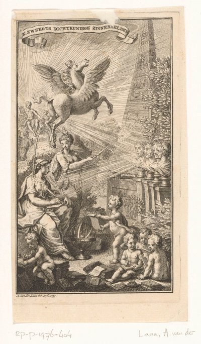 Allegorical Representation with Writing Woman, Busts, Pegasus, and Apollo (Title Page for: Cornelis Sweerts, Poetic Emblems, 1736) by Adolf van der Laan