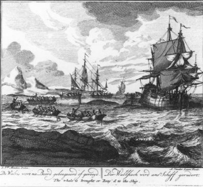 “The whale is towed or rowed aboard.” (No. 7 from the whaling series) by Adolf van der Laan