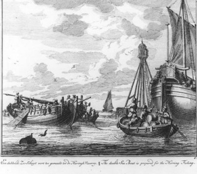 “A double sea vessel is fitted out for herring fishing” (no. 6 from the Herring Fishing series) by Adolf van der Laan