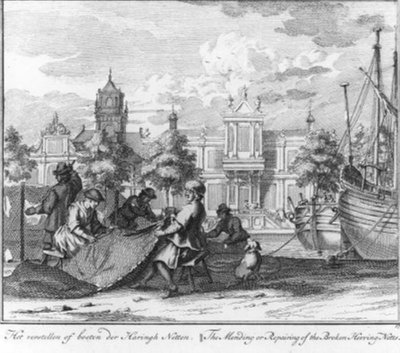 “Repairing or mending the herring nets” (no. 17 from the herring fishing series) by Adolf van der Laan